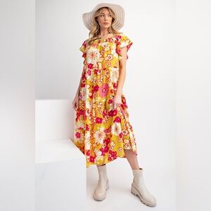 Floral Pineapple Tiered Maxi/Midi Dress NWT